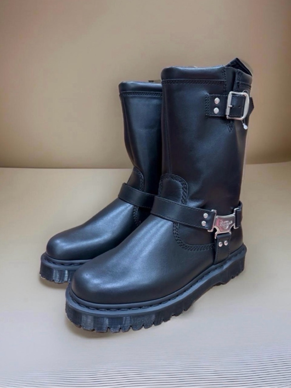 Dr. Martens Anistone Hi Black Leather Moto Harness Boots - Women 8 / Men 7 NWT